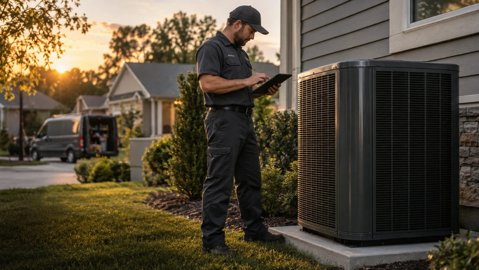 An HVAC technician inspecting a heat pump beside an American home